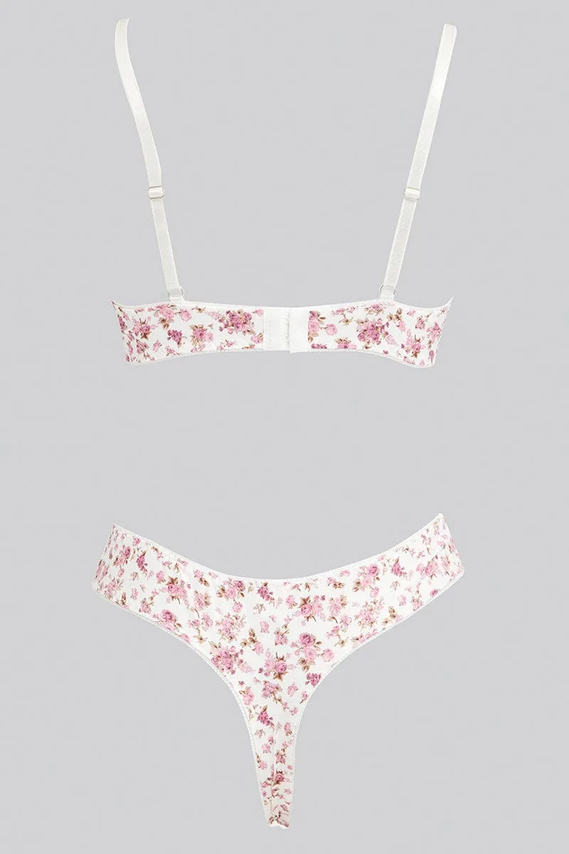 White Floral Floral Print Lace Lingerie Set