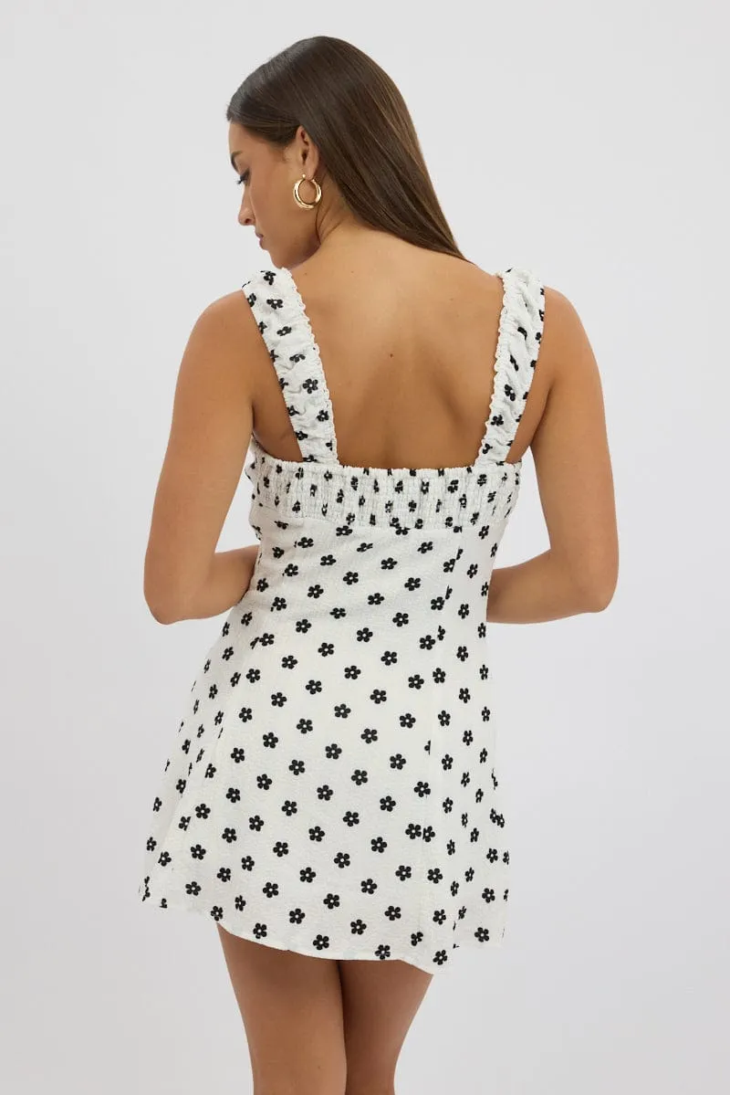 White Floral Mini Dress Gathered Bust