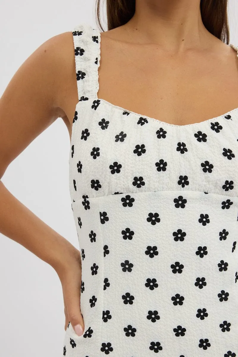 White Floral Mini Dress Gathered Bust