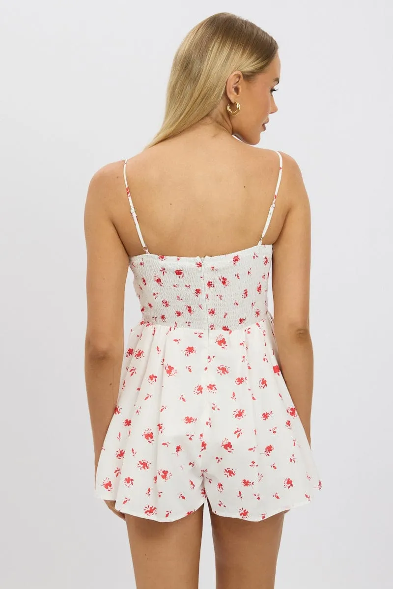 White Floral Playsuit Ruched Bust Strappy