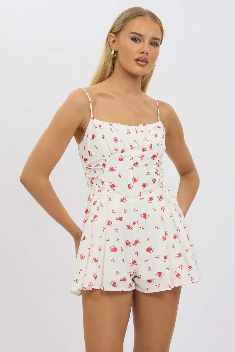 White Floral Playsuit Ruched Bust Strappy