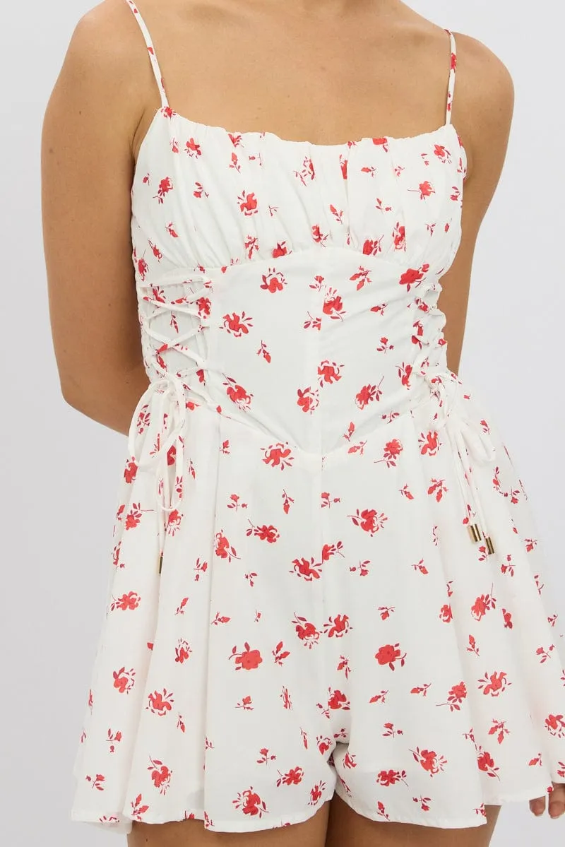 White Floral Playsuit Ruched Bust Strappy
