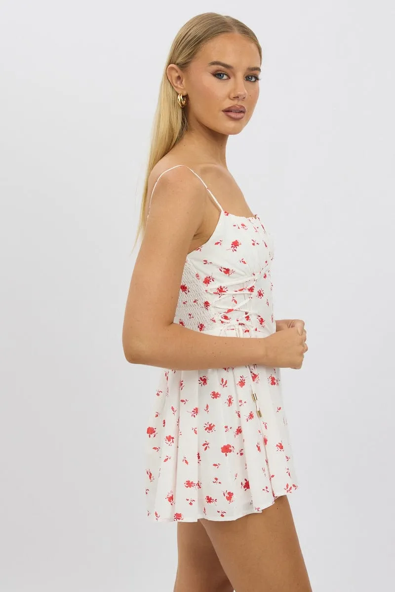 White Floral Playsuit Ruched Bust Strappy