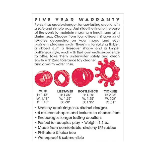 Zero Tolerance - Ring the Alarm Set of 4 Textured Cock Rings (Red)